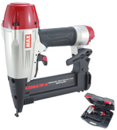 An electric nail gun with a red and silver design, featuring a magazine for nails and a carrying case.