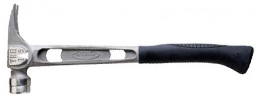A silver claw hammer with a rubber grip handle, featuring cutouts in the metal body for weight reduction.