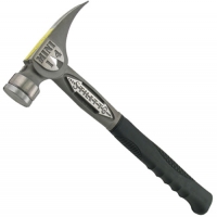 A metal hammer with a curved claw, a smooth striking face, and a textured black handle for grip.