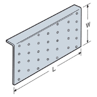Illustration of a metal bracket with multiple holes for fastening, labeled with dimensions for length (L), width (W), and height (H).