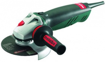 An electric angle grinder with a circular disc blade, featuring a black and green handle and a red power button.
