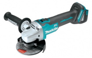 Makita cordless angle grinder with a silver and teal design, featuring a side handle and safety guard.
