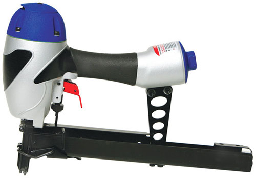 A pneumatic nail gun with a blue and silver design, featuring a comfortable grip and trigger.