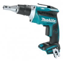 A Makita cordless drywall screw gun with a blue and black design, featuring a trigger, adjustable nose, and a clip for easy storage.