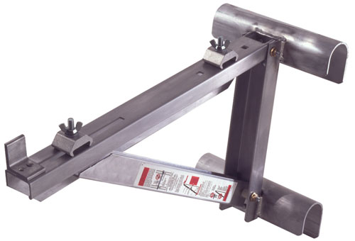 A metal tool designed for holding or stabilizing equipment, featuring adjustable clamps and a triangular frame.