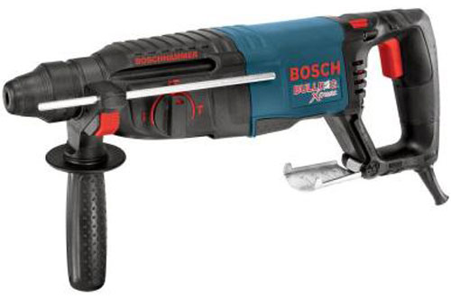 A Bosch blue and black rotary hammer drill with a side handle and a depth gauge.