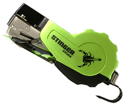 A green and black stapler known as the Stinger CH36A, featuring a scorpion graphic and a compact design.