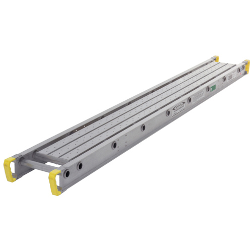 A long, lightweight aluminum extension ladder with yellow protective caps on both ends.