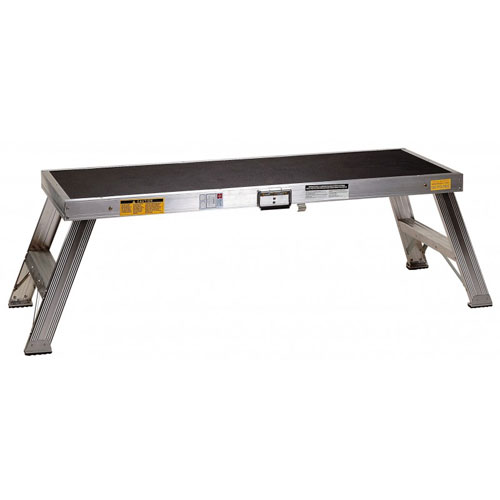Aluminum platform with a black non-slip surface and adjustable legs.