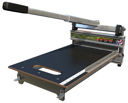 A professional paper cutter with a sturdy metal frame, a large cutting table, and a lever handle for precision cutting.