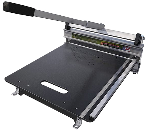 A paper cutter with a lever and a flat cutting surface, featuring a ruler for precise measurements.