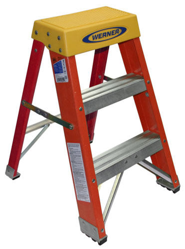 A red and yellow two-step ladder with a textured top for grip, branded with 'Werner'.