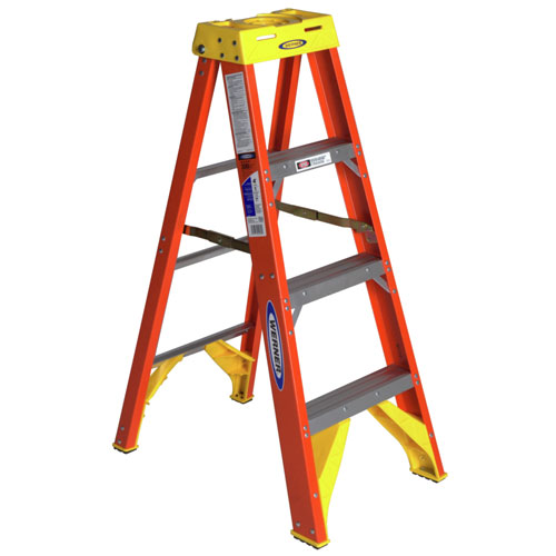 A sturdy orange step ladder with yellow details and multiple rungs, designed for easy access to elevated areas.
