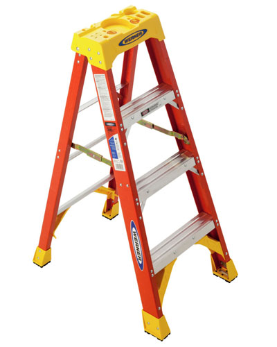 A sturdy orange and yellow step ladder with four steps, suitable for various tasks.