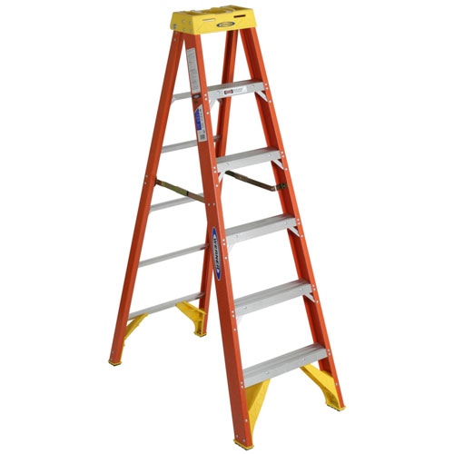 A sturdy orange step ladder with five steps and safety features, ideal for home improvement tasks.