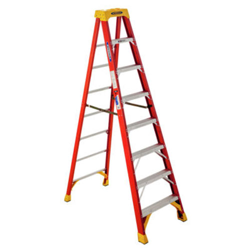 A red, seven-step A-frame ladder with aluminum steps and yellow accents.