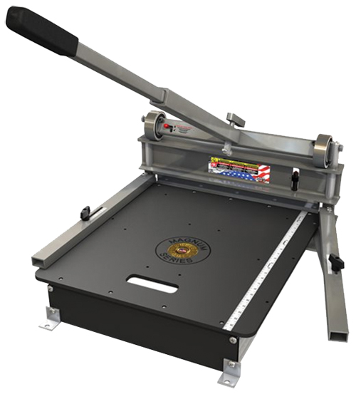 A heavy-duty metal paper cutter with a large cutting surface, a lever for operation, and measurement markings on the side.