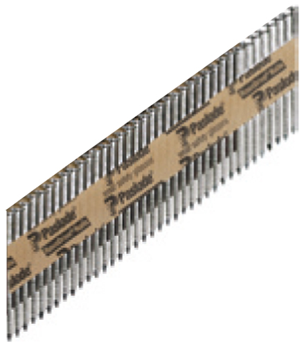 A row of metal nails or fasteners arranged in a neat line, featuring a cardboard backing for packaging.