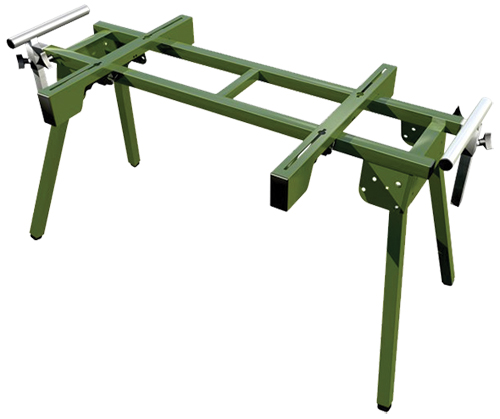 A green woodworking tool stand with adjustable ends and a sturdy frame.