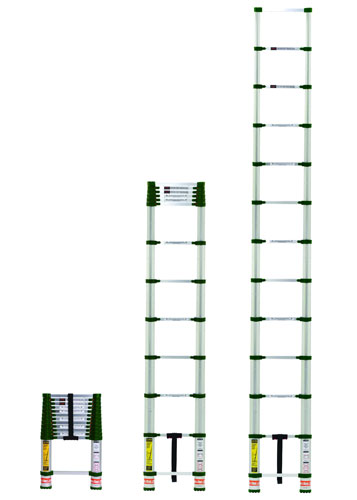 Three telescoping ladders of varying heights displayed side by side, showcasing their collapsible design for easy storage.
