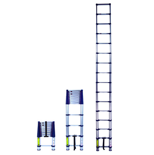 A collection of three telescopic ladders of varying heights, showing a compact design for storage.