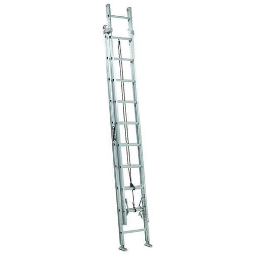 A tall, aluminum extendable ladder with multiple rungs and a secure locking mechanism.