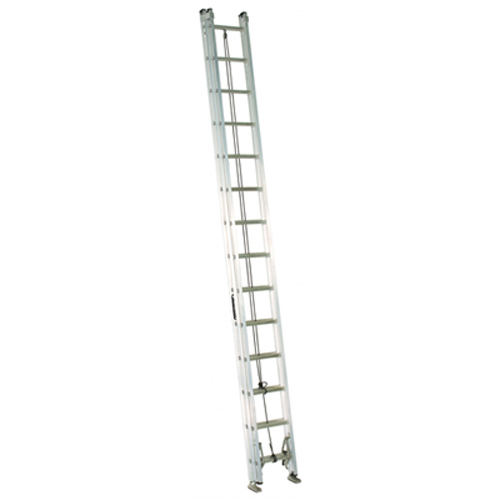 A silver aluminum extension ladder leaning against a surface, featuring multiple rungs and stabilizing feet.