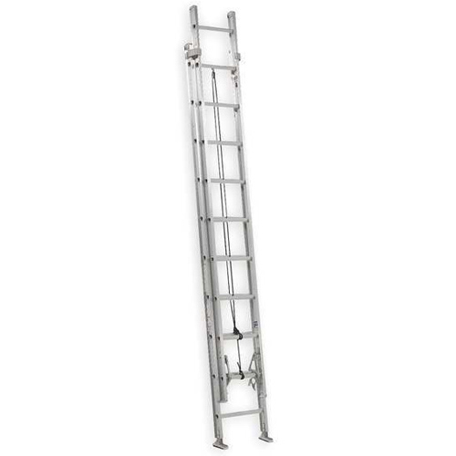 A tall, extendable aluminum ladder positioned upright against a neutral background.