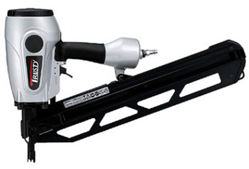 A silver and black pneumatic nail gun with a long loading magazine, designed for fastening materials in construction or woodworking.