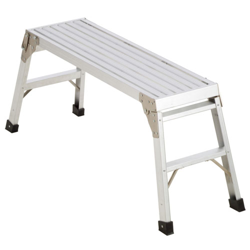 A sturdy aluminum platform step, designed for various tasks, featuring a ribbed surface for slip resistance and foldable legs for easy storage.