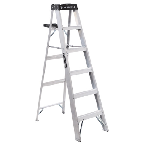 A sturdy aluminum step ladder with five steps and a platform at the top.