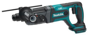 Makita cordless rotary hammer drill featuring a teal and black design, with an adjustable chuck and control settings.