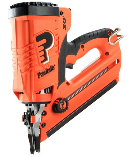 An orange and black Paslode nail gun, featuring a trigger grip and a sleek design.