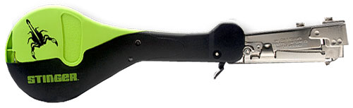 A black and lime green stapler labeled 'STINGER' with a scorpion logo.