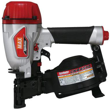 A MAX CN445R2 stapler featuring a red and silver design, a comfortable grip, and a large magazine for holding staples.