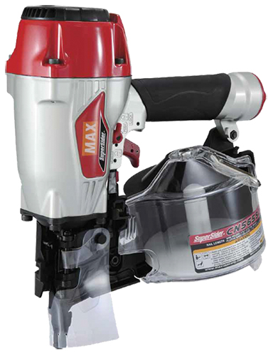 Close-up image of a MAX CN565S pneumatic nail gun with a red and silver body and a transparent magazine.