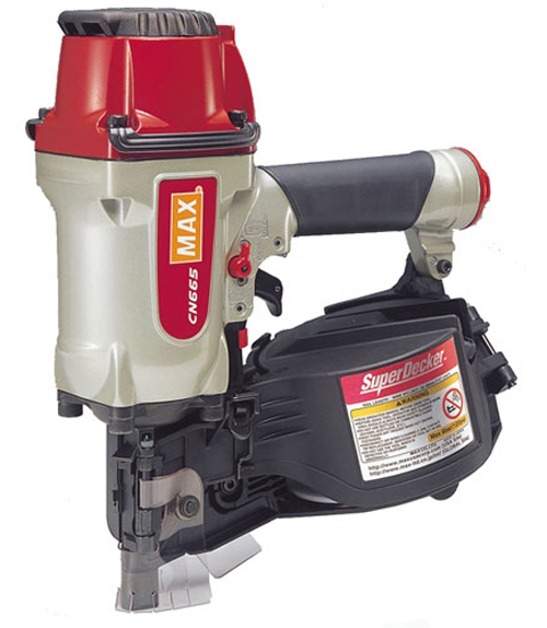 A MAX CN65 pneumatic nail gun with a red and silver design, featuring a comfortable grip and a magazine for nail storage.