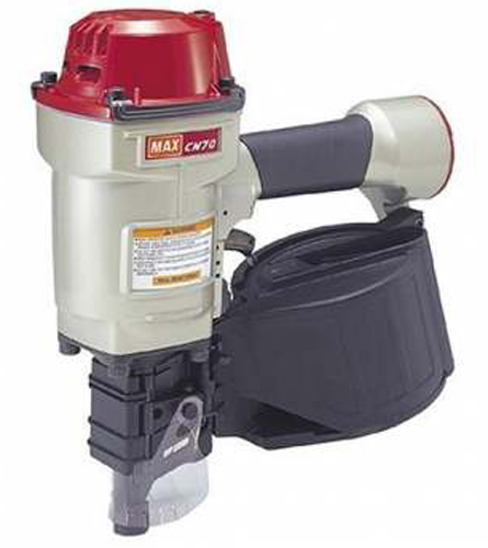 A pneumatic nail gun designed for professional use, featuring a red top, ergonomic handle, and built-in magazine for fastener storage.