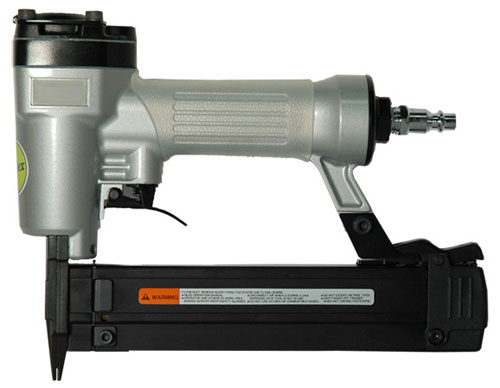 A side view of a pneumatic nail gun showing the handle, trigger, and magazine for holding nails.