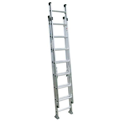 A tall aluminum extension ladder leaning against a white background.