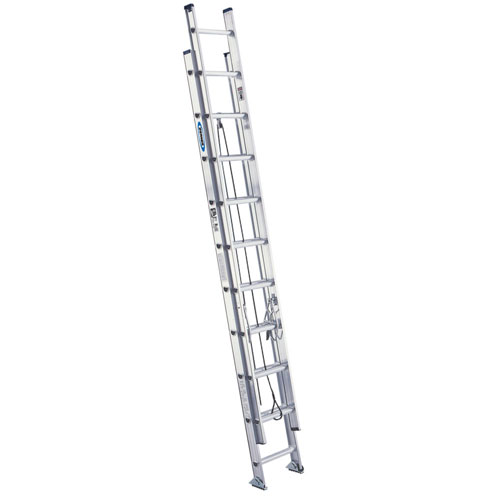 An aluminum extension ladder leaning against a surface, showcasing multiple rungs and a sturdy design.
