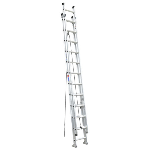 A tall, extendable aluminum ladder positioned upright against a neutral background.