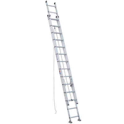 A tall, silver aluminum extension ladder leaning against a wall.