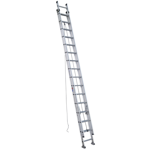 A tall aluminum ladder positioned upright on a white background.