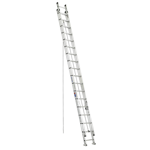 A tall, silver aluminum extension ladder leaning against a surface.