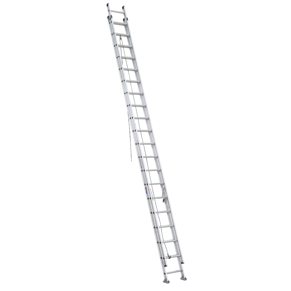 A tall aluminum extension ladder set against a white background.