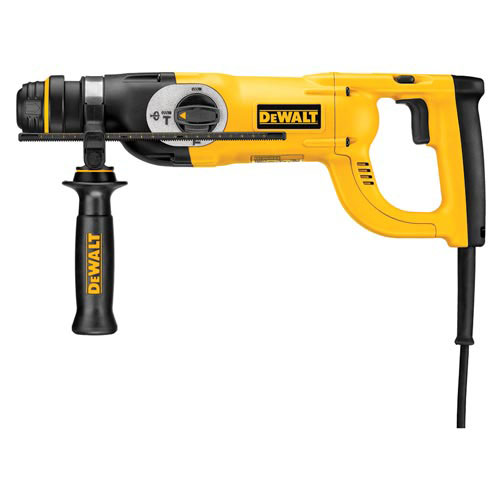 A yellow and black DEWALT rotary hammer drill with a side handle and adjustable settings.