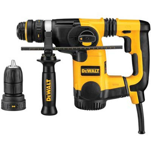 A Dewalt rotary hammer drill with a yellow and black design, featuring a side handle and a removable drill chuck.