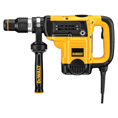A yellow and black DEWALT rotary hammer drill with a side handle and a variable speed control.