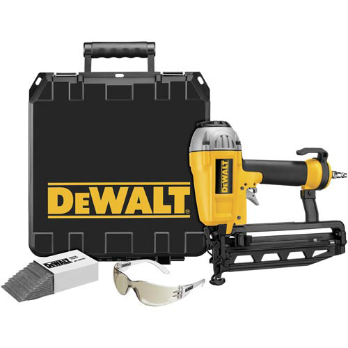 A DeWALT air nail gun set, including a nail gun, a protective case, safety glasses, and a box of nails.